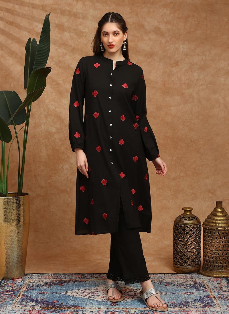Globus Women Black Mandarin Collar Bishop Sleeves Embroidered Detail Button Down Straight Kurta With Lace Detail Pants Fusion Set - Image 1